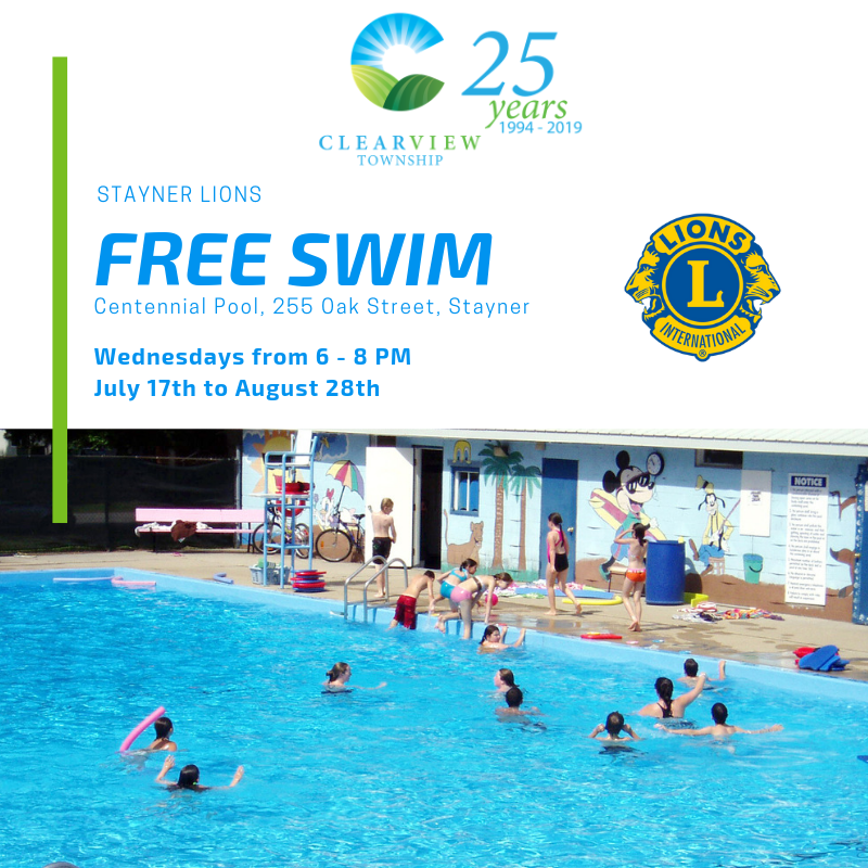 Clearview_twp's tweet photo. NOTICE - Free Swim at #CentennialPool starts July 17th! Free Swim sponsored by the @StaynerLions is Wednesdays from 6-8 PM | Centennial Pool, 255 Oak Street, Stayner https://t.co/nCTw7ji4mI