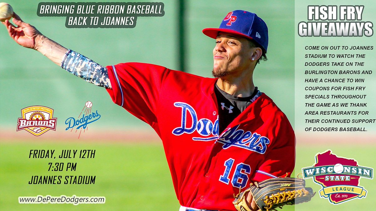 GBBlueRibbons's tweet photo. It's another gameday at Joannes as the Dodgers open up a three-game weekend series against the Burlington Barons. Friday night's first pitch is scheduled for 8pm (30 minutes later than usual start time) and its our second Fish Fry Friday of the season. https://t.co/2om9wkhNlC