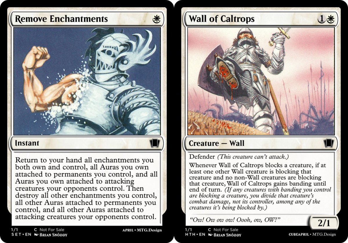 The cards in question for today's #mtghth Reading the Card Explains the Card:  Remove Enchantments (common) vs. Wall of Caltrops (also common)