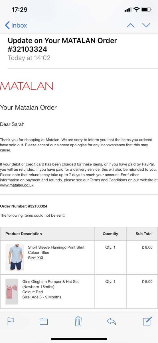 SarahBailo's tweet photo. @MatalanHelp Can you please tell me why it’s taken 5 days for me to be informed that 2 items I have ordered are out of stock and that I’ll be refunded. 5 days seems an awfully long time! https://t.co/eC00rhdWNx