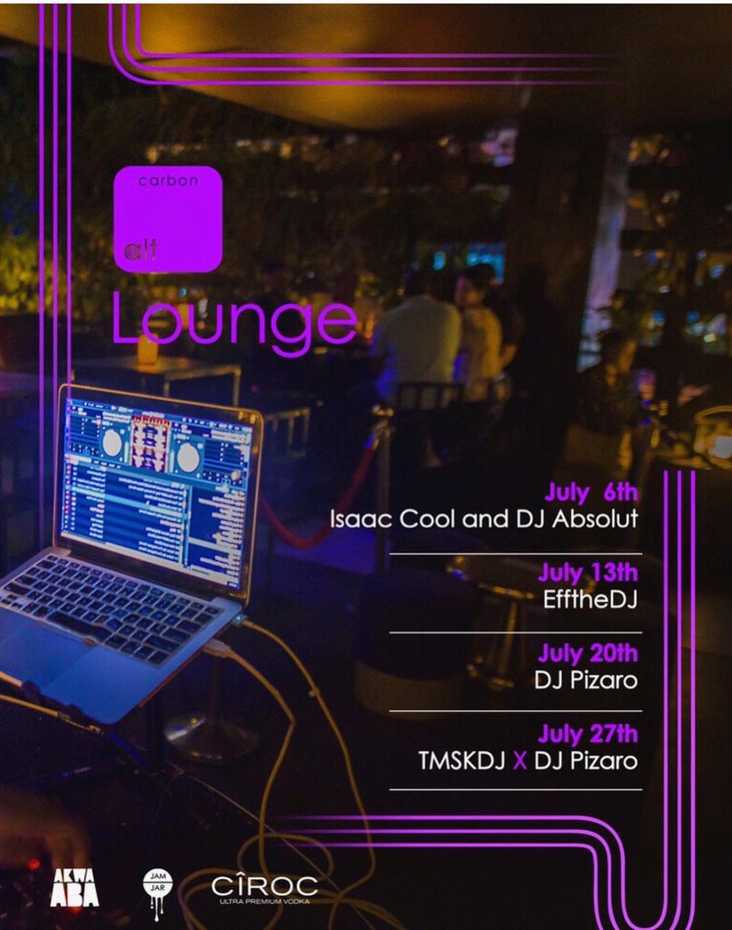 AccraWeDey's tweet photo. 📍@ThisIsCarbon 

📆 13/07/2019

⚡️@carbon_alt 

🔊 @effthedj 

#ThisWeekendInAccra #Accra #AccraWeDey https://t.co/J1ouXZVWce