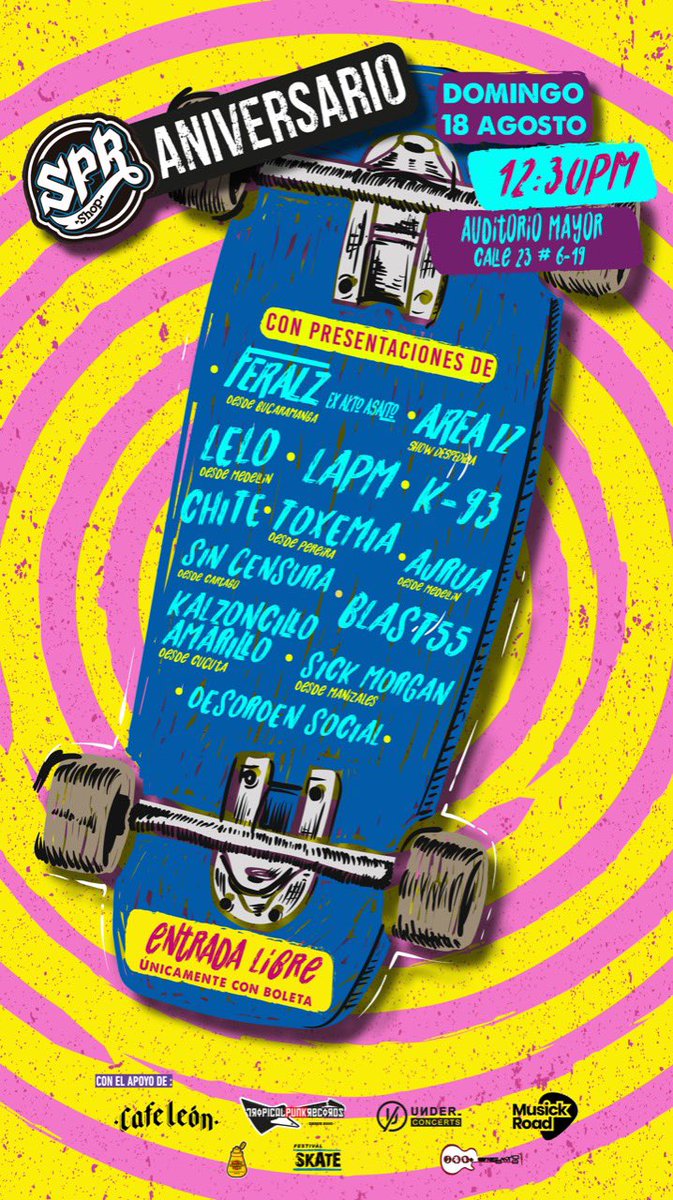 blast55music's tweet photo. Amigos, flyer final recuerden que las entradas las reclaman en @sprshop o #cafeleon #aniversariospr #RockColombiano #somosescenanacional #K93 #DesordenSocial #Lelo #AJRua #Chite #Blast55 #Toxemia #SinCensura #Area12 #Feralz #SickMorgan #KanzoncilloAmarillo #LAPM https://t.co/5hK5ukKK8N