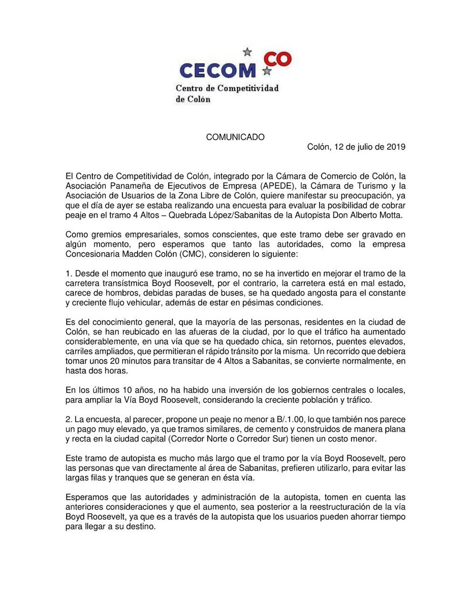 Comunicado del Centro de Competitividad de Colón; integrado por la Camara de Comercio, La Asociación Panameña de Ejecutivo de empresas, la Camara de Turismo, la Asociación de Usuarios de la Zona Libre de Colón. #cecomco #apede #camcolón #colón #c3 #procolón #porelcolónquequeremos