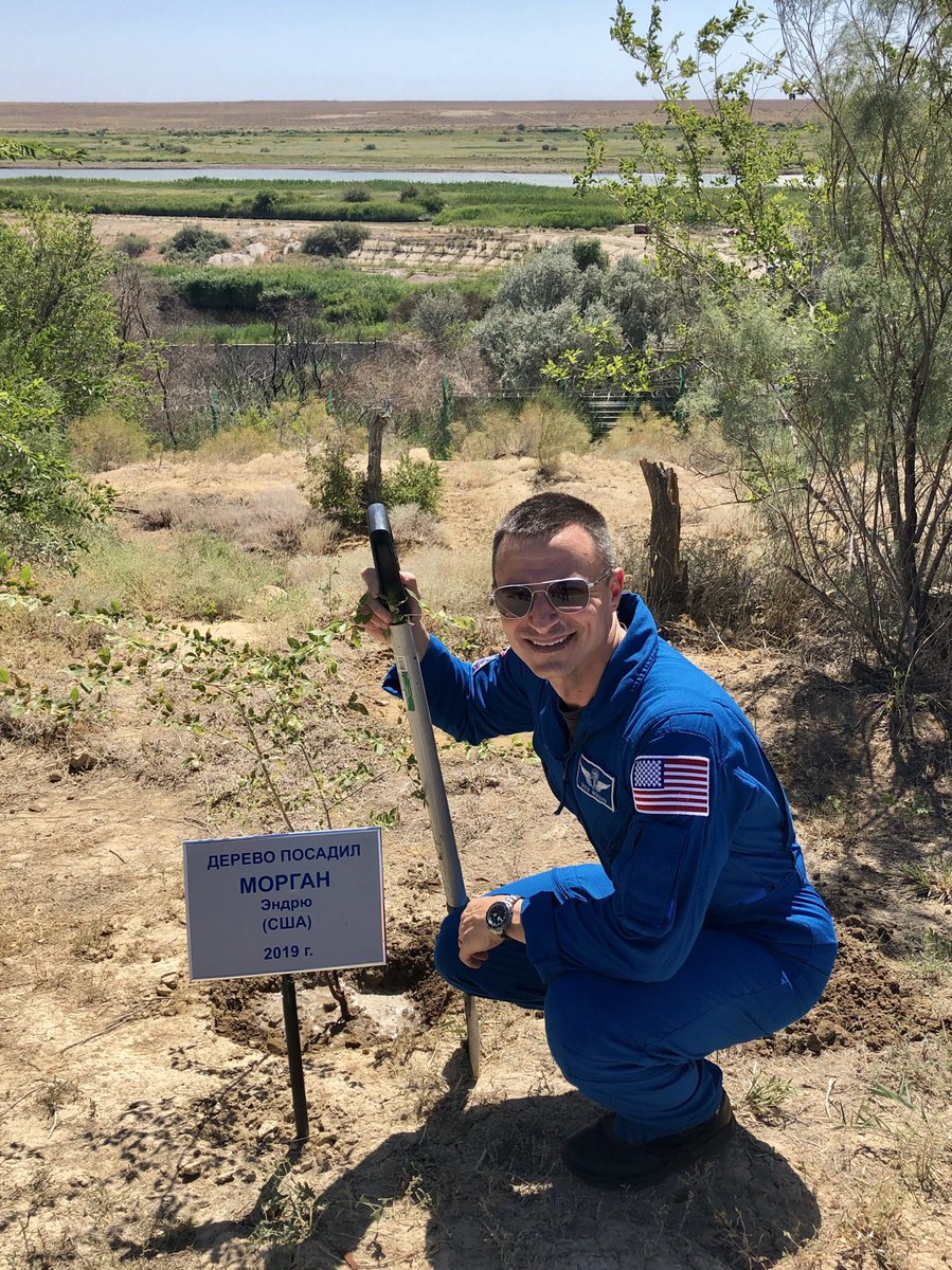 AstroDrewMorgan's tweet image. Every cosmonaut and astronaut launching on #Soyuz plants a tree at the quarantine facility in a memorial grove along the Syr Darya River in #Baikonur #Kazakhstan.  I planted mine today, it’s just a little sapling.  Compare mine to Yuri Gagarin’s tree!