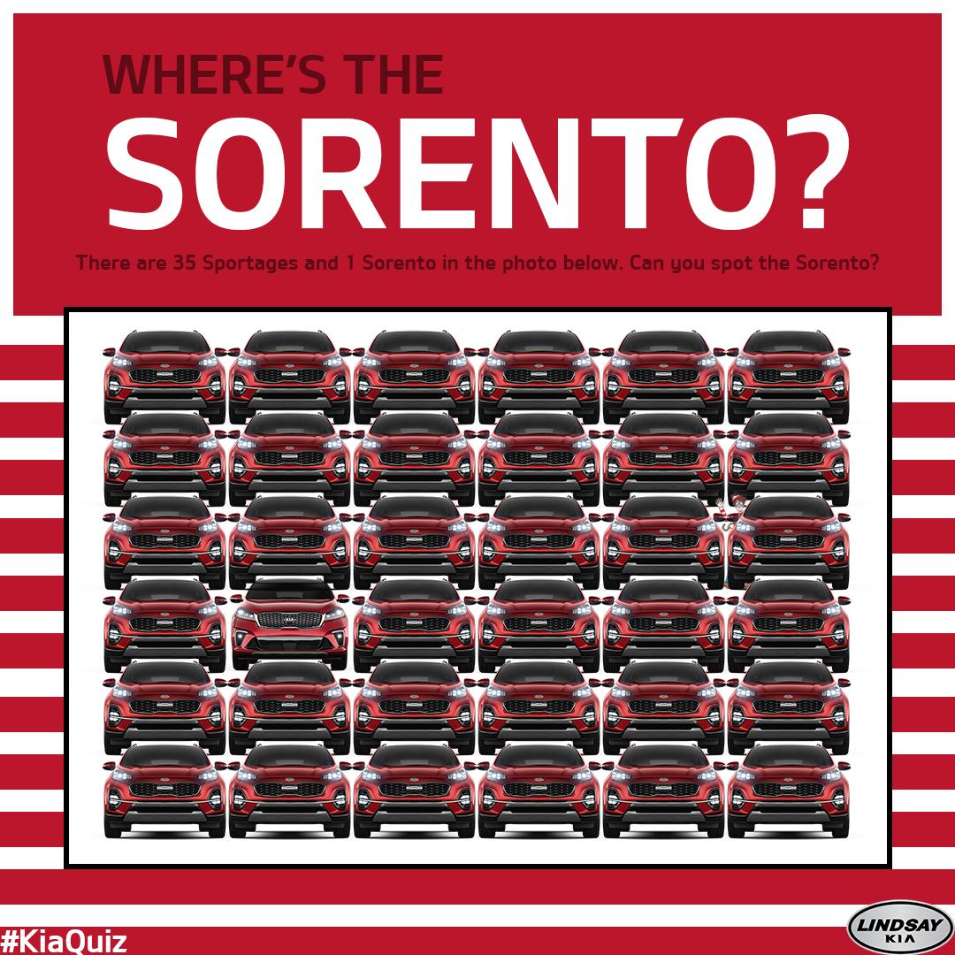LindsayKIA's tweet photo. Can you find the Sorento? (Bonus points if you can spot Waldo). Let us know in the comments! #lindsaykia #kiaquiz #kiasportage #kiasorento #whereswaldo #kawarthas #kawarthalakes @KiaCanada https://t.co/BY1GGwS3XP