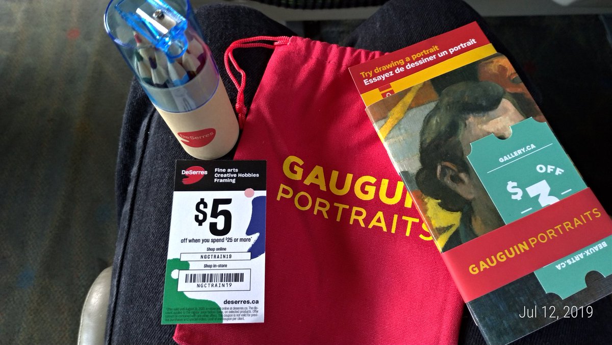 arthiak_ssc's tweet photo. So this happened... reps from the @NatGalleryCan are on board my @VIA_Rail train handing out gifts to "spark creativity" and bring out the Gauguin in you. That's pretty nifty marketing. #herrang2019 4/n https://t.co/5C3CT5tSfl