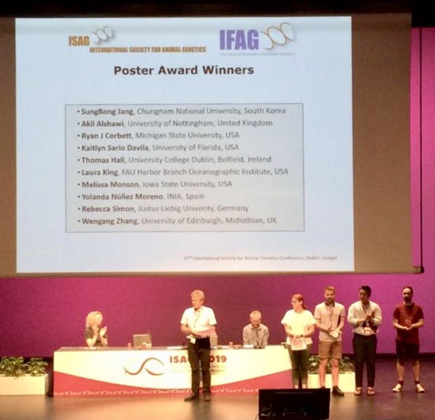 david_machugh's tweet photo. Excellent work @Tom_JHall - a happy @isag2019 poster prize winner with a very proud supervisor 😊
#BovineTB #IntegrativeGenomics #GWAS #DataVisualisation @UCD_Conway @ucdagfood @dagmara_an https://t.co/wbmzWGuHEB