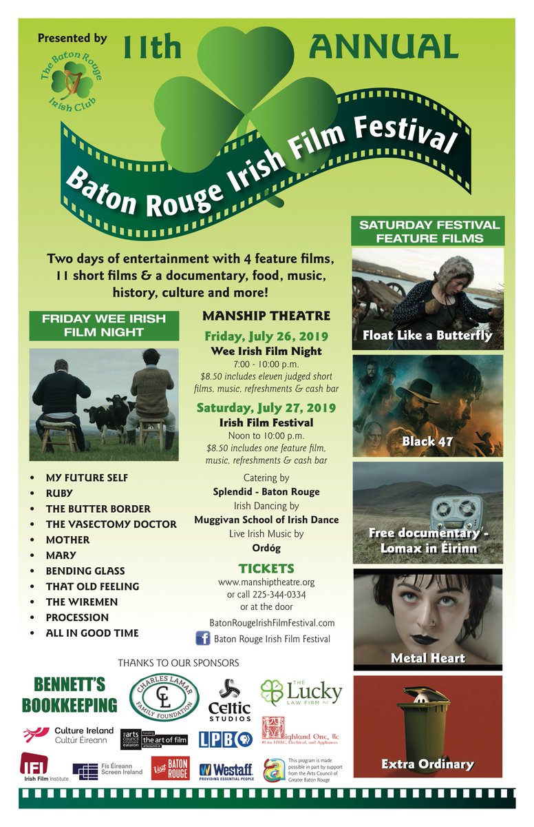 Just a fortnight to go until the 11th Annual Baton Rouge Irish Film Festival and we've got the details! Check out what's in store for this year's fest below, and it is never too early to save your seats! Tickets available for purchase at batonrougeirishfilmfestival.com