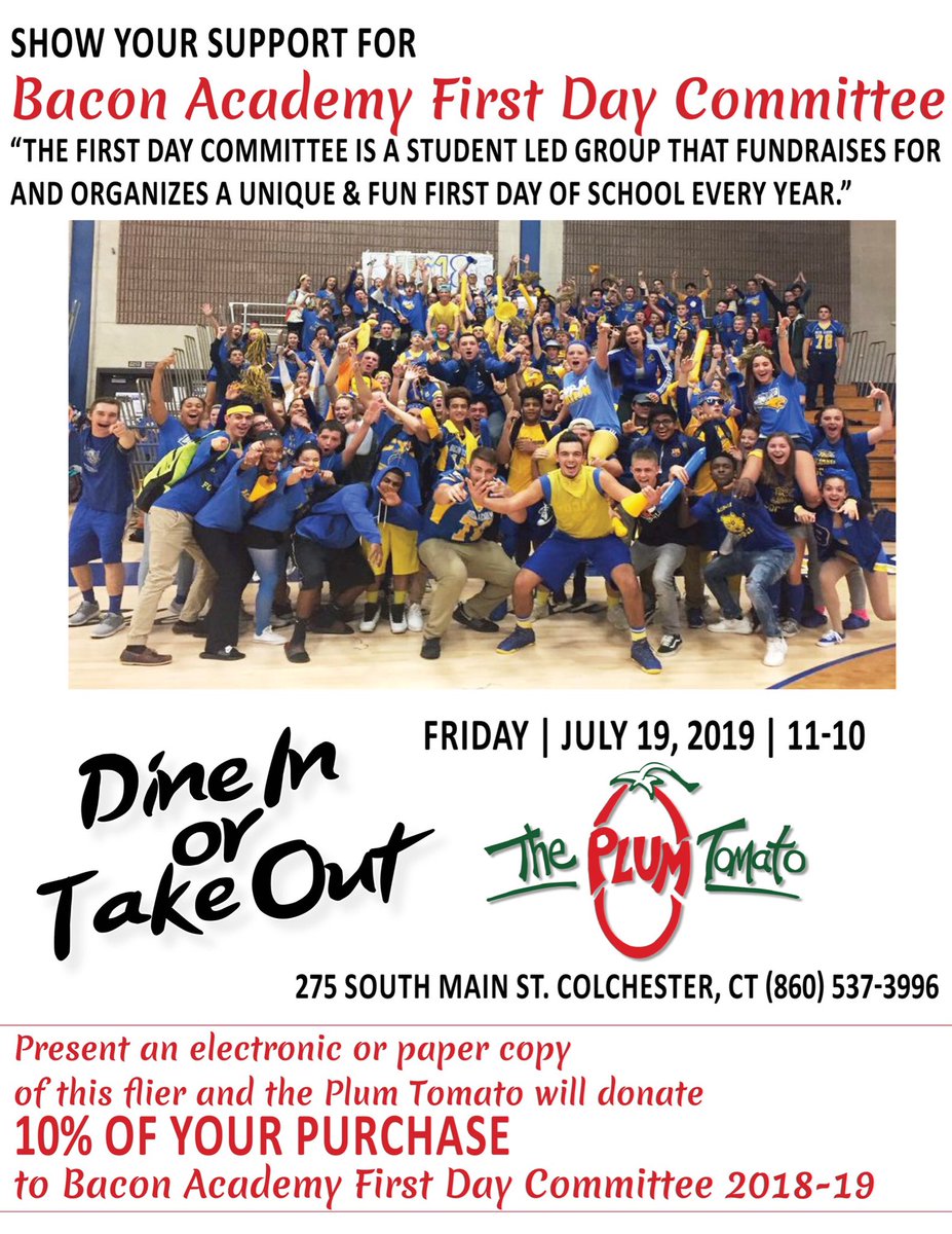 BAFIRSTDAY's tweet photo. BA first day is having a 10% night at Plum Tomato Friday July 19th from 11:00am-10:00pm!! Come support the committee by grabbing a bite to eat! Remember to show the flyer (as attached) to your waiter/waitress before you pay!! @BA_Peel https://t.co/mdOFdJsYwS
