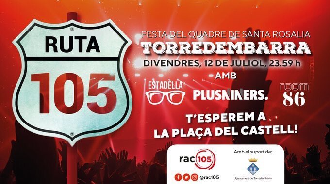 rac105's tweet photo. 💥 Aquesta nit els nostres dj’s t’esperen a #Torredembarra amb la primera parada de la #Ruta105 🚧
👉🏼 A partir de les 00h #Plusniners, @Orgales i @gestadella sobre l’escenari! 🎉 https://t.co/46JIsM5iZm