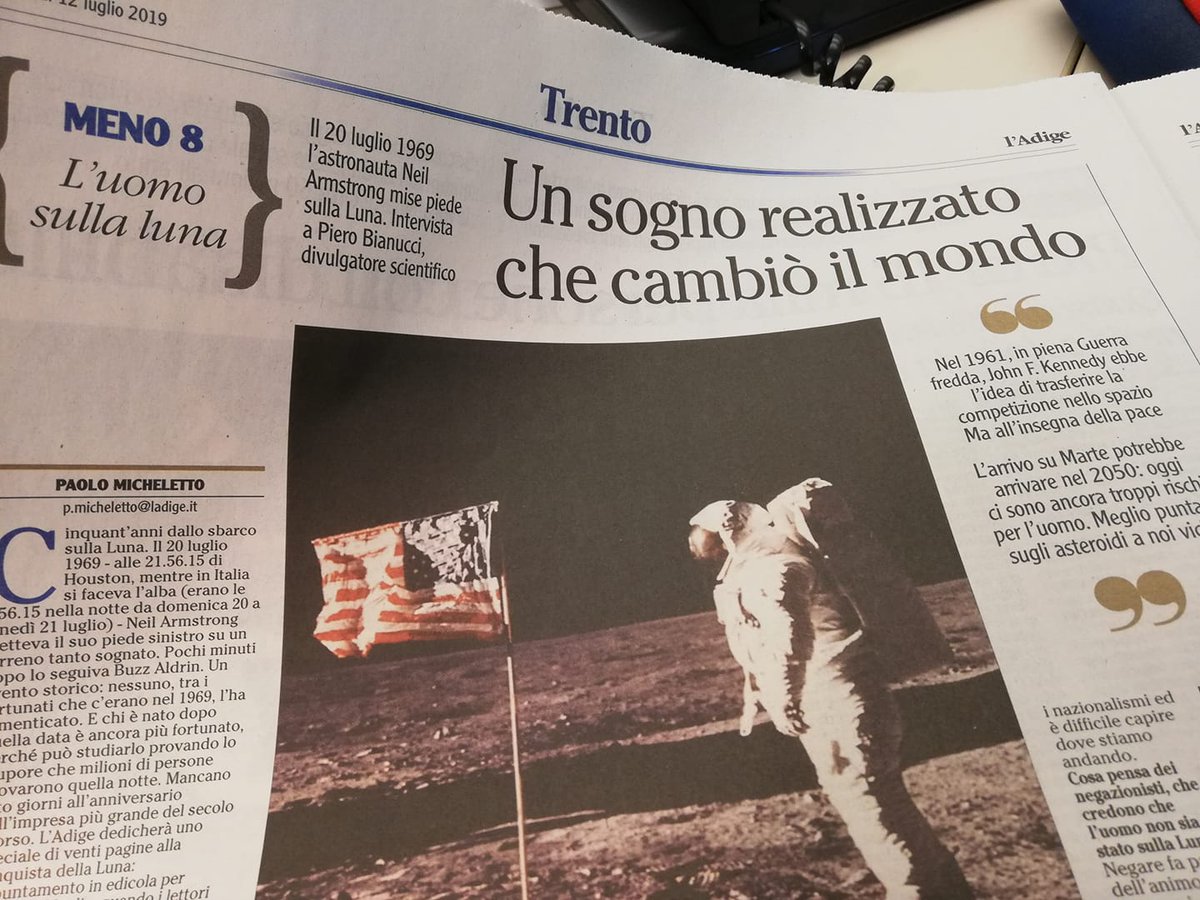 Meno otto all'anniversario del primo Uomo sulla #Luna  Oggi su <a href="/giornaleladige/">l'Adige</a> intervista <a href="/PieroBianucci/">Piero Bianucci</a> E giovedì 18 luglio inserto speciale di venti pagine