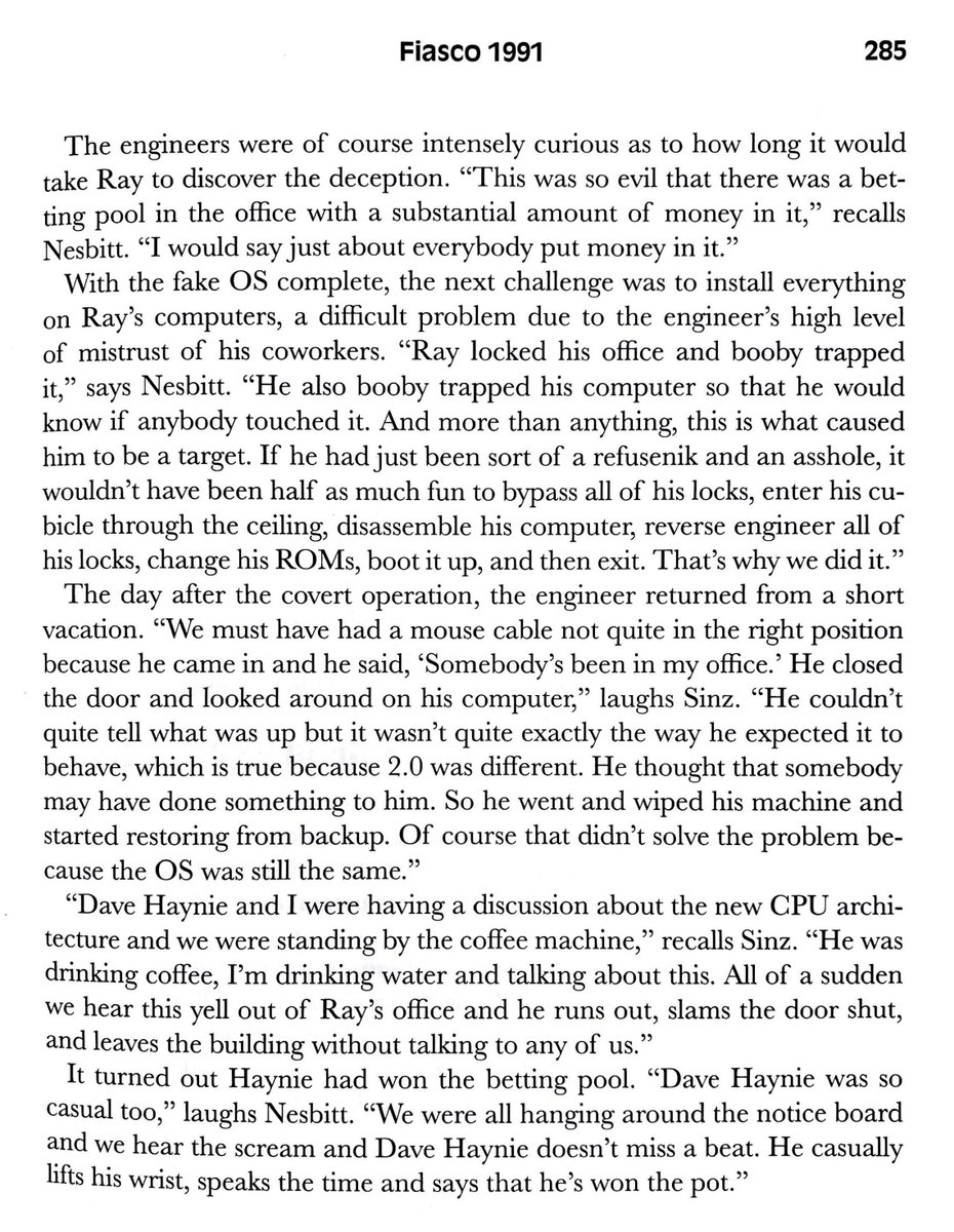 cabel's tweet image. You've worked with a stubborn engineer.

But have you ever worked with an engineer so stubborn, that to get them to use the new OS they're supposed to be working on, you create a custom build of the OS, with the old UI, break into their office, and replace ROMs in their computer?