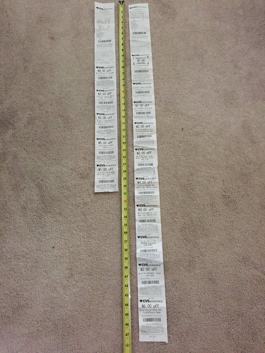 Envest_AM's tweet photo. @Sustainne @cvspharmacy @CVSinAction @Sustainne, you read our mind. We've had receipts longer than 5 ft! Check this out with a tape measure. #wastedpaper #toolong #comeonCVS https://t.co/iHH6O2frGW