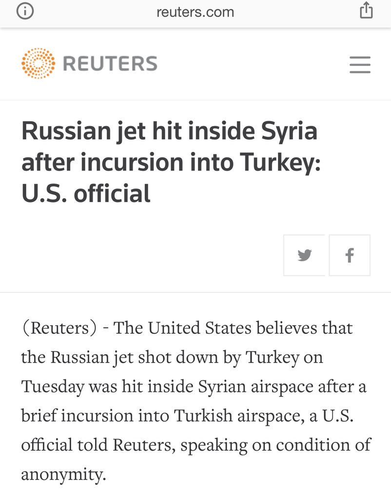 US officials, on the record, initially supported Turkey’s arguments. But had different talking points while briefing reporters on background. US defense officials undermined Turkey’s claim and said Russian jet was in Syrian airspace when it was hit. So much for NATO solidarity