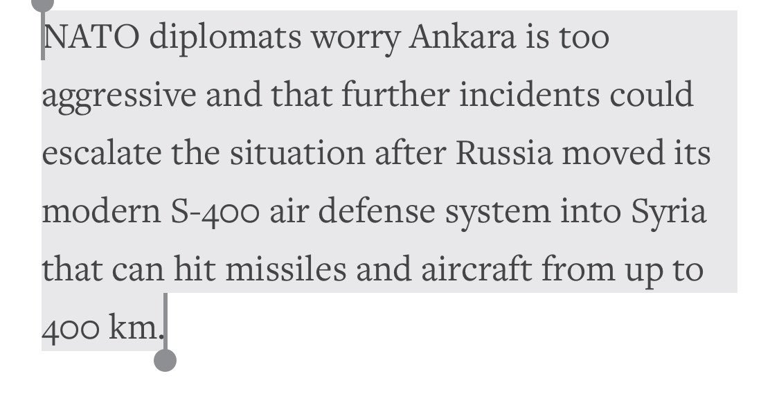 What about NATO? Oh, they were generous. They sent an air defence package against Russian incursions following the jet incident, including AWACS. But NATO diplomats WORRIED Ankara was too aggressive to defend its airspace against the repeated violations