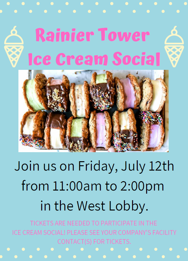 RainierTower's tweet photo. Rainier Tower's Ice Cream Social starts in 15 minutes! Join in the West Lobby for a nice treat!

Tickets are needed to participate! https://t.co/GaIiGOc1YG