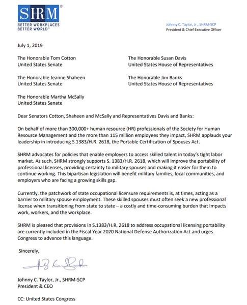 BREAKING: The US House just passed the #NDAA and a provision that will improve the portability of professional licenses &amp; make it easier for military spouses to work. SHRM sent a letter supporting this initiative last week.