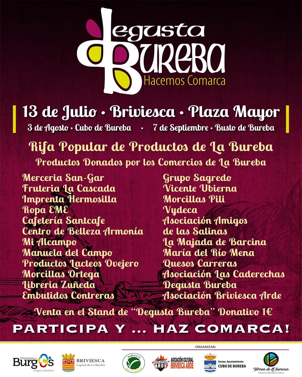 degustabureba's tweet photo. ➡️Rifa Popular con productos donados por los Comercios de La Bureba. GRACIAS!!!💕
#ferías #gastronomia #cultura #briviesca #labureba #tradiciones #CubodeBureba #BustodeBureba
Tierras de Obarenes Cubo de Bureba · Turismo Adeco Bureba Festival Briviesca Arde Turismo Briviesca https://t.co/FZnRzdKAjd