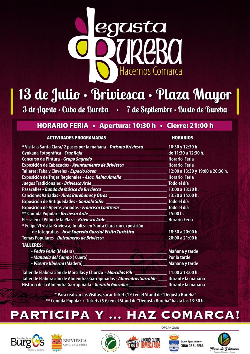 degustabureba's tweet photo. 📢Programación para este sábado 13 de Julio.
No te lo pierdas, ven y disfruta.🏃♂️🏃♀️
➡️DEGUSTA BUREBA "Hacemos Comarca"
#ferías #gastronomia #cultura #briviesca #labureba #tradiciones #CubodeBureba #BustodeBureba
Tierras de Obarenes Cubo de Bureba Adeco Bureba Briviesca Arde https://t.co/GveukKYWIY