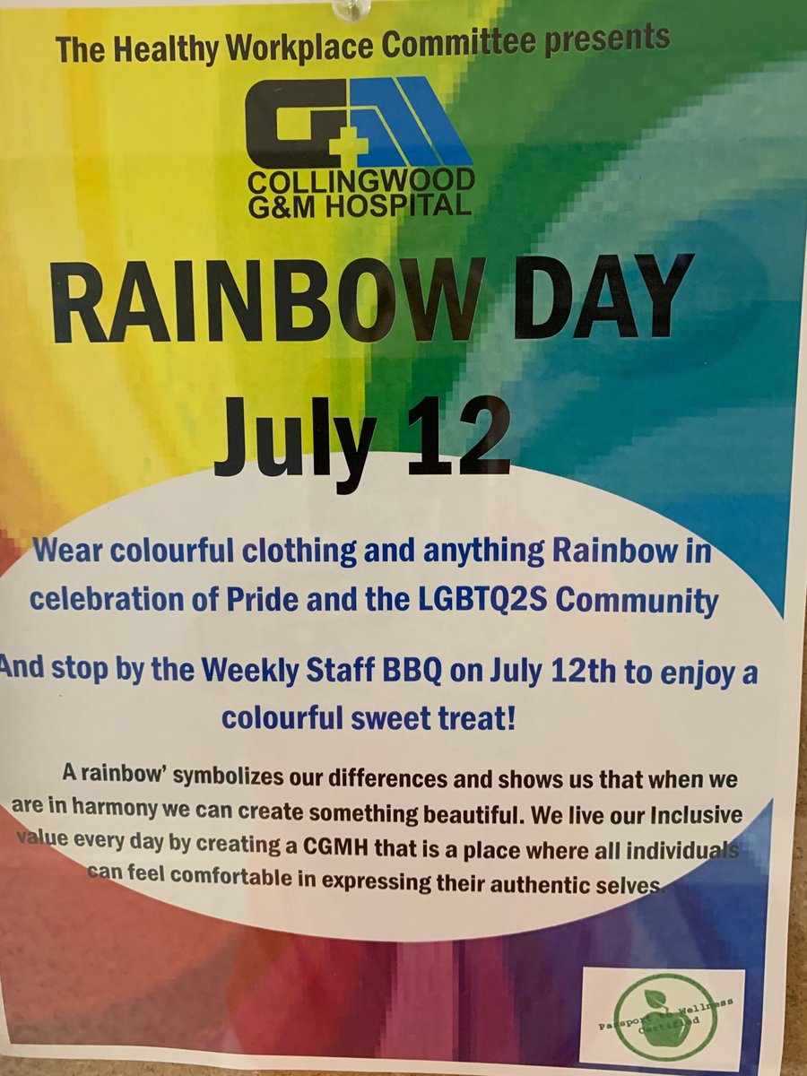 JoryPK's tweet photo. It’s Rainbow Day @CollingwoodHosp as we celebrate our value of inclusivity and enjoy a great meal together. Thx to the employee volunteers on the Wellness and Inclusivity Committees! @cgmhf @Norah_Holder @dr_michael_lisi #WeAreDoingItHere https://t.co/Rt5bYD9hUh
