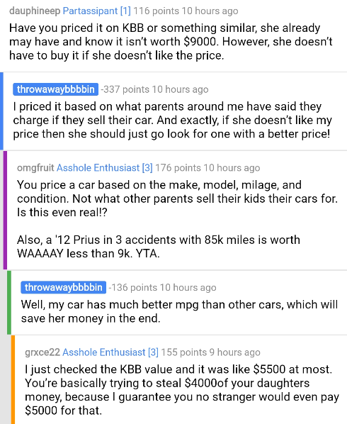 redditships's tweet photo. AITA for not lowering the price of the car I’m selling to my daughter? https://t.co/rs4iRP1rXd
