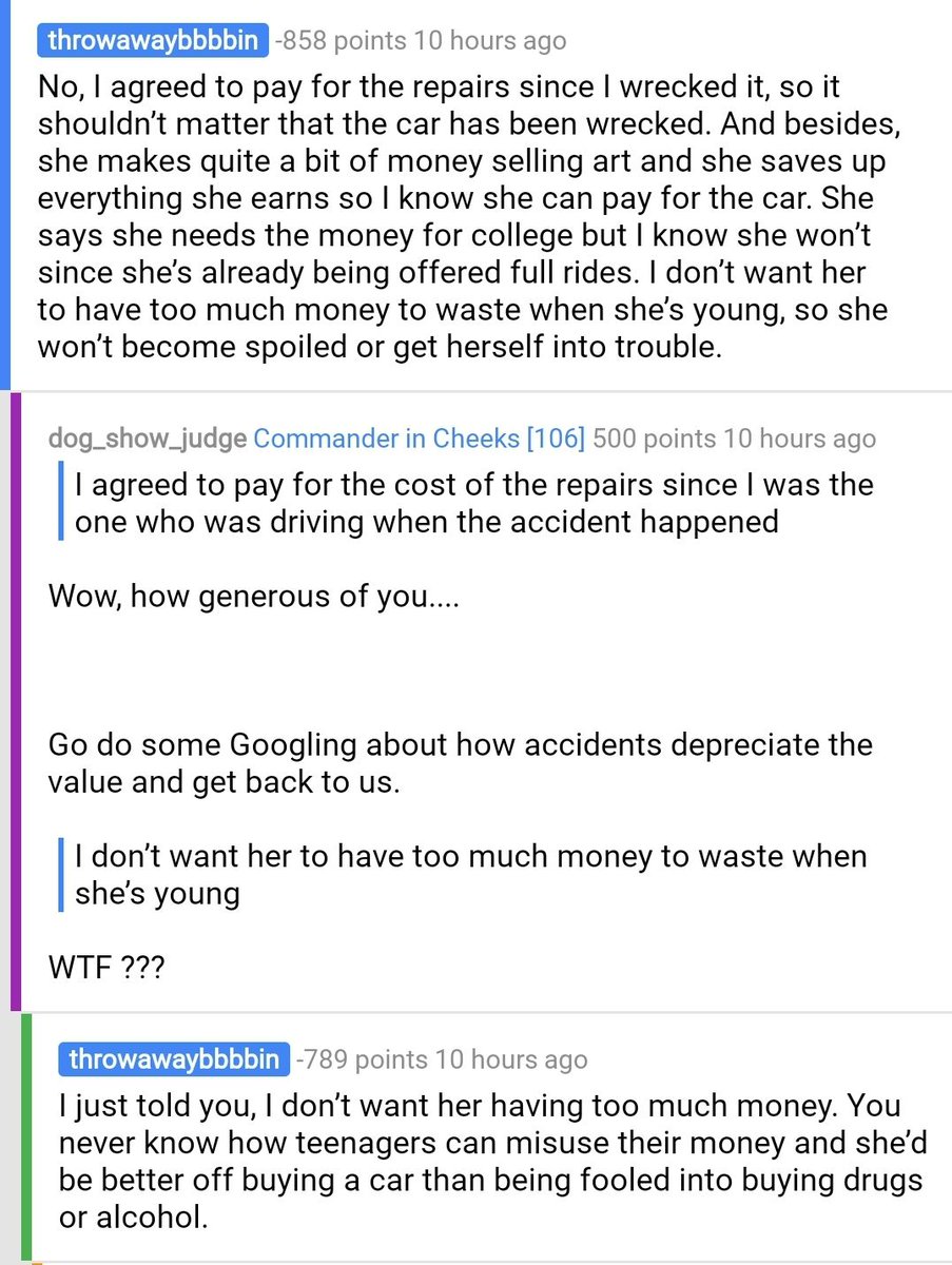 redditships's tweet photo. AITA for not lowering the price of the car I’m selling to my daughter? https://t.co/rs4iRP1rXd