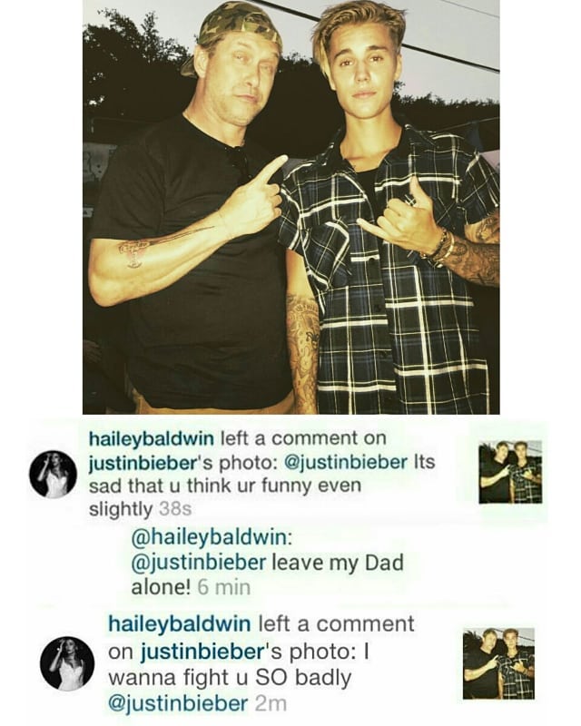 July 29, 2015: Justin via Instagram, Hailey left comments on his post.