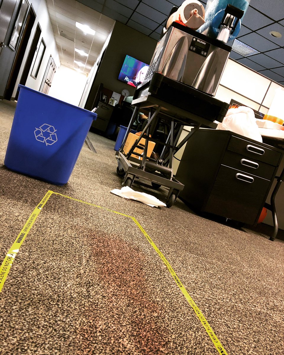 McKenzieRomero's tweet photo. When the guest slushy machine in the newsroom busts all over the carpet, crime reporters really just see one thing #partylikeajournalist #crimescene #gladihavethattape https://t.co/aHKLvGV72r