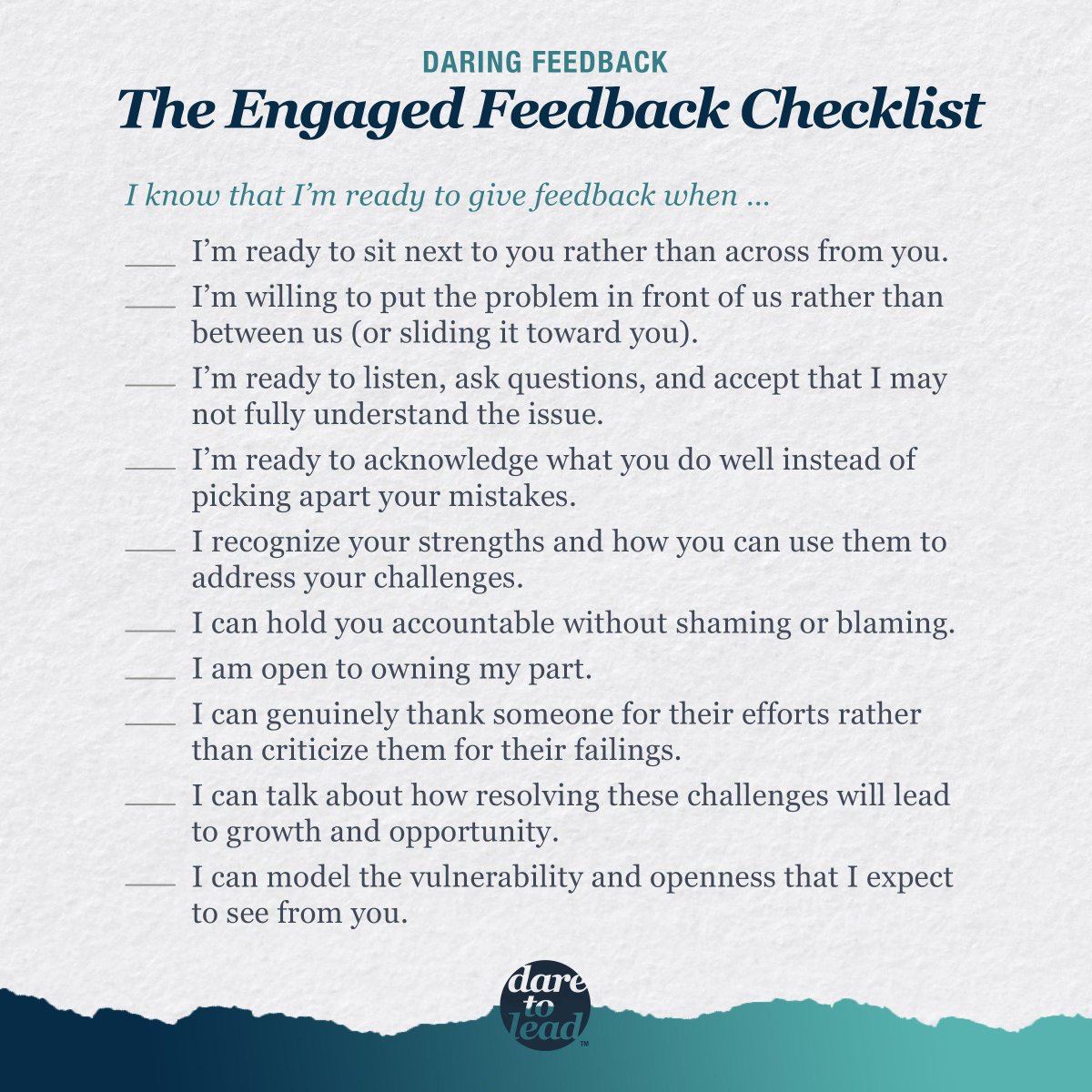 TeachersOnFire's tweet photo. Check out this brilliant checklist for #feedback from the wonderful @BreneBrown!

What would it look like if we applied this to our student interactions - especially those following negative behavior? Some good #HackingDiscipline principles here.

So so good. 👊

#daretolead https://t.co/rTsNht2AS6