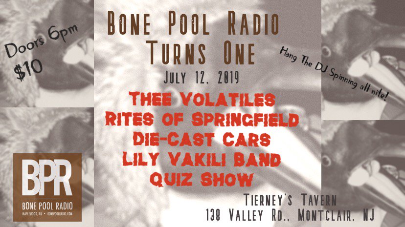 TONIGHT! (July 12) at TIERNEY’S TAVERN in Montclair, NJ.🎙@BonePoolRadio Live Local Loud bday celebration! Great bands all night🎶 QUIZ SHOW on at 1045pm🎸 Thrilled to be part of this special night & killer line-up! 💥Don’t miss it!! #tierneys #montclairnj #montclair #njlivemusic