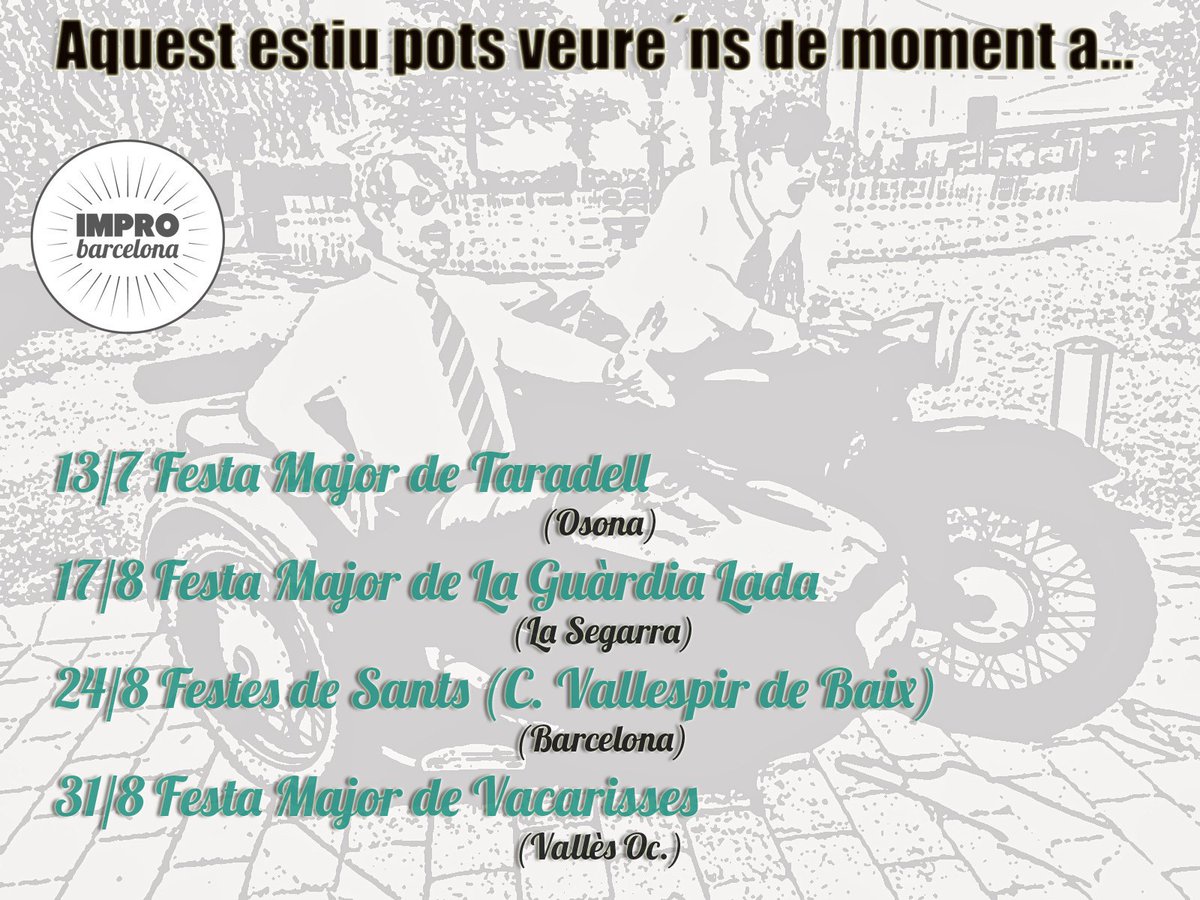 ImproBarcelona's tweet photo. 🙋Ens pregunteu si tenim dates a la vista de les nostres actuacions i que no siguin esdeveniments privats, doncs "Voilà!" 🤸Aquí teniu aquestes dates de moment! Visca les #FestesMajors!!🎉 #ImproBarcelona 🕶️
#comandoimpro 👔 https://t.co/N8D6EpTQT3