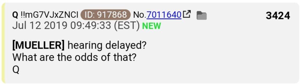 13.  #QAnon'd been suggesting perhaps that the 17th letter of the alphabet ( #Q) and the 30 yr anniversary of B2 Stealth Bomber July 17th would be celebrated July 17 via AG BB ("B2") Stealth. Now D's may go for a different day.  https://www.rollcall.com/news/congress/mueller-hearing-delayed-lengthened-members-can-question  #Q https://twitter.com/DocRock1007/status/1149072894393294854