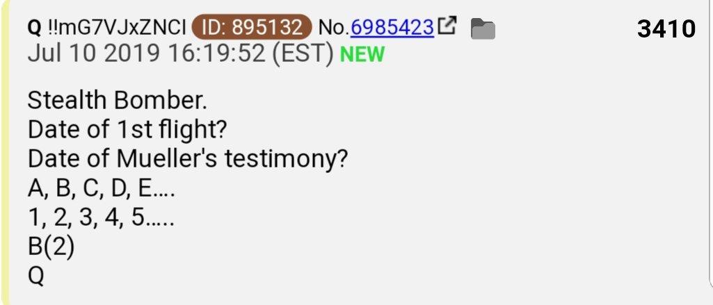13.  #QAnon'd been suggesting perhaps that the 17th letter of the alphabet ( #Q) and the 30 yr anniversary of B2 Stealth Bomber July 17th would be celebrated July 17 via AG BB ("B2") Stealth. Now D's may go for a different day.  https://www.rollcall.com/news/congress/mueller-hearing-delayed-lengthened-members-can-question  #Q https://twitter.com/DocRock1007/status/1149072894393294854