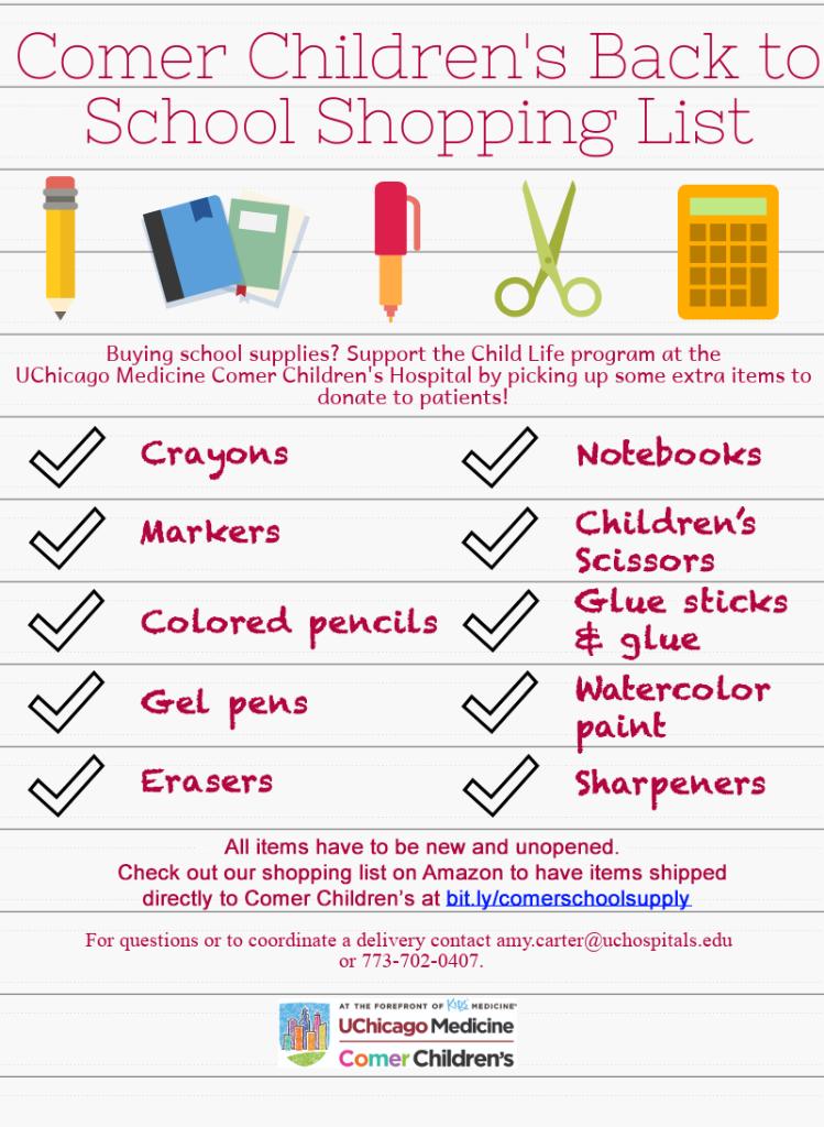 UChicagoMed's tweet photo. Summer is here, but we’re getting ready to go back to school. If you're picking up school items, please help our Child Life program at Comer Children's by picking up a few extra items to donate to patients. https://t.co/teT116BySp https://t.co/YjugIXVm9R