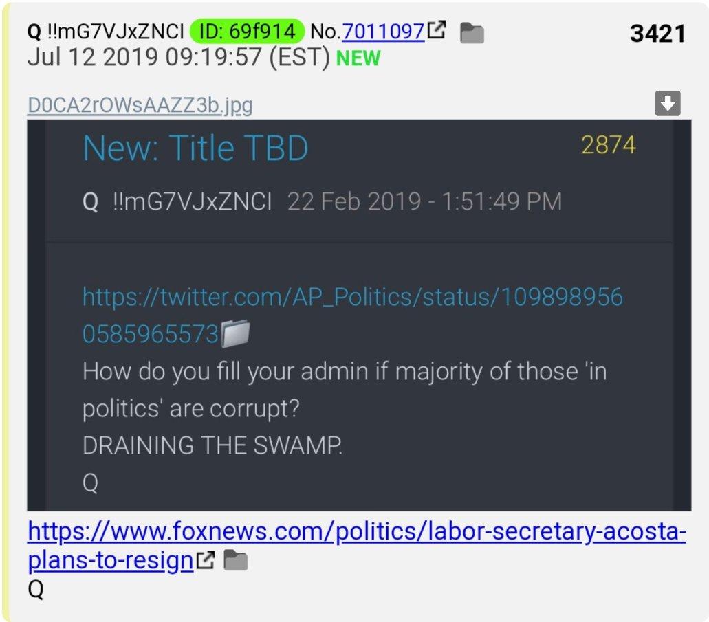 2.  #QAnon was signaling us last Feb that Acosta would leave. Today, Acosta resigned.  @POTUS said it was Acosta's decision & praised his success. https://www.foxnews.com/politics/labor-secretary-acosta-plans-to-resign  #Q