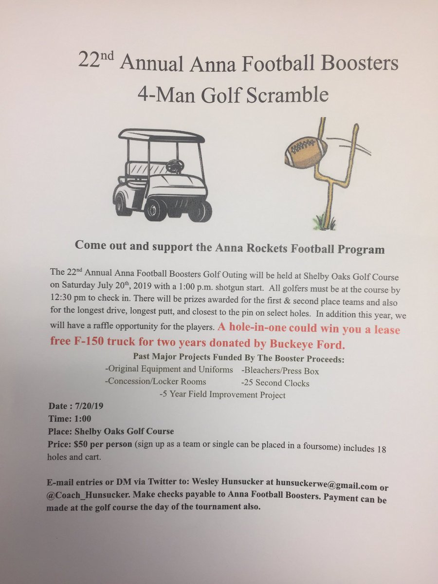 AnnaHSFootball's tweet photo. Quickly approaching the 22nd Annual Anna Golf Outing on July 20th. Not too late to submit a team of 4! Contact @Coach_Hunsucker at hunsuckerwe@gmail.com with your teams. Looking forward to seeing everyone out there hacking away #AnnaRockets #LeaveNoDoubt https://t.co/Vl6tx5MANn