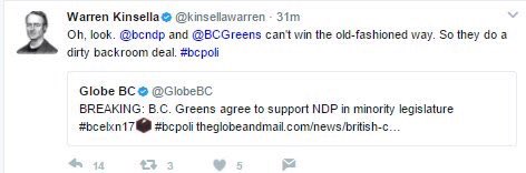 derrickokeefe's tweet photo. Here’s how Warren Kinsella reacted after the historic BC Greens’ 2017 result and their decision to make an agreement to help form a progressive government in B.C. #bcpoli #cdnpoli https://t.co/FPj92eqIpm