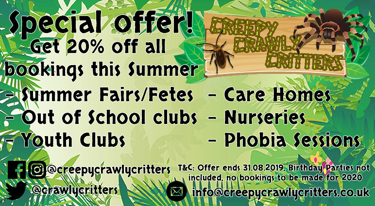 Special Offer this Summer!

Why not book an event with us this Summer whilst taking advantage of our 20% off deal!

Take a look here: creepycrawlycritters.co.uk/special-offer

#Prestatyn #NorthWales #NorthWalesTweets #Denbighshire #AnimalEducation