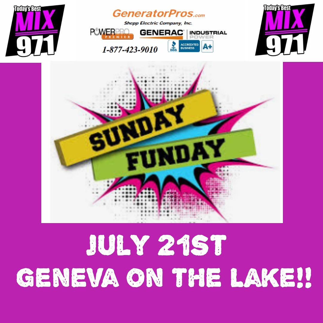 MixNation971's tweet photo. Join Mix 97.1 for Sunday Funday LIVE from Geneva on the Lake, Sunday July 21st starting at NOON 

Join – Mark, Jer, Chad and Candi! They will sing BAD Karaoke with YOU!!!! 
We will have tons of prizes and games to play! https://t.co/zERiC8ynuE