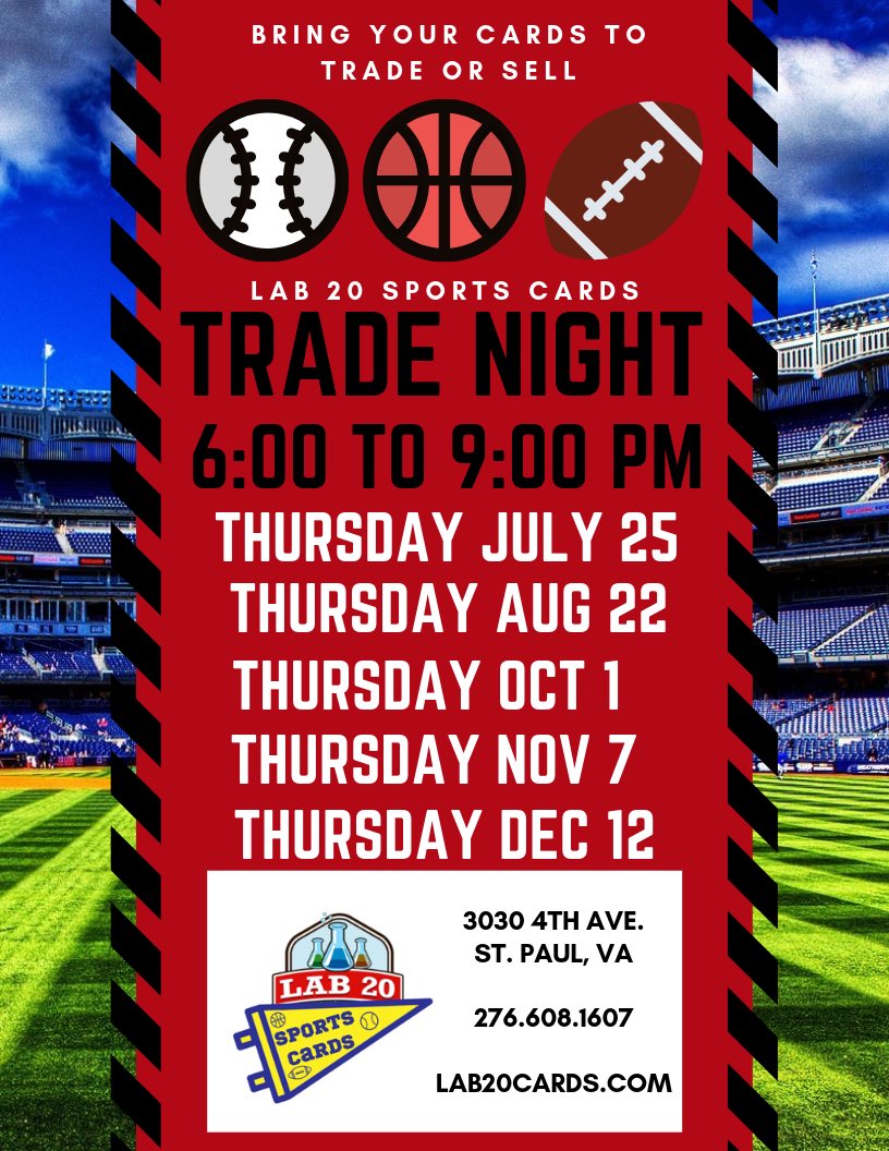 Lab20cards's tweet photo. Trade Night dates have been set for the rest of 2019 in @stpaulva Come out and meet you fellow local collectors and work out some trades. We’ll have tables set up so you can show off your collection 🏈⚾️🏀 #tradenight #whodoyoucollect #sportscards #trades #topps #sportscardshop https://t.co/yfjLQVIo90