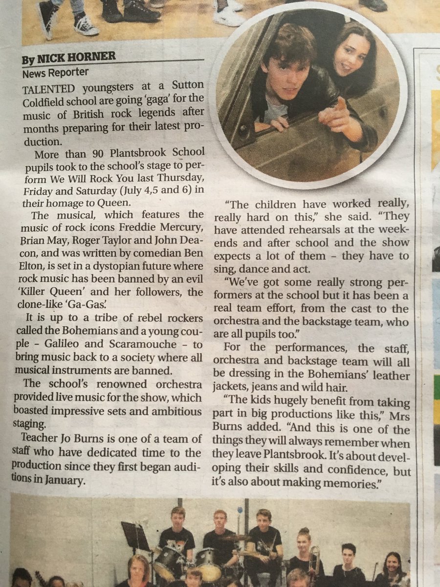 PB_Arts's tweet photo. PB Arts 🎭  in the news today! It really was a fantastic show! Thanks to @SuttonObserver and @Midlands_editor for the write up 📰 #proudtobeplantsbrook #WeAreTheChampions @PlantbrkSchool https://t.co/0o4ovLW3oS