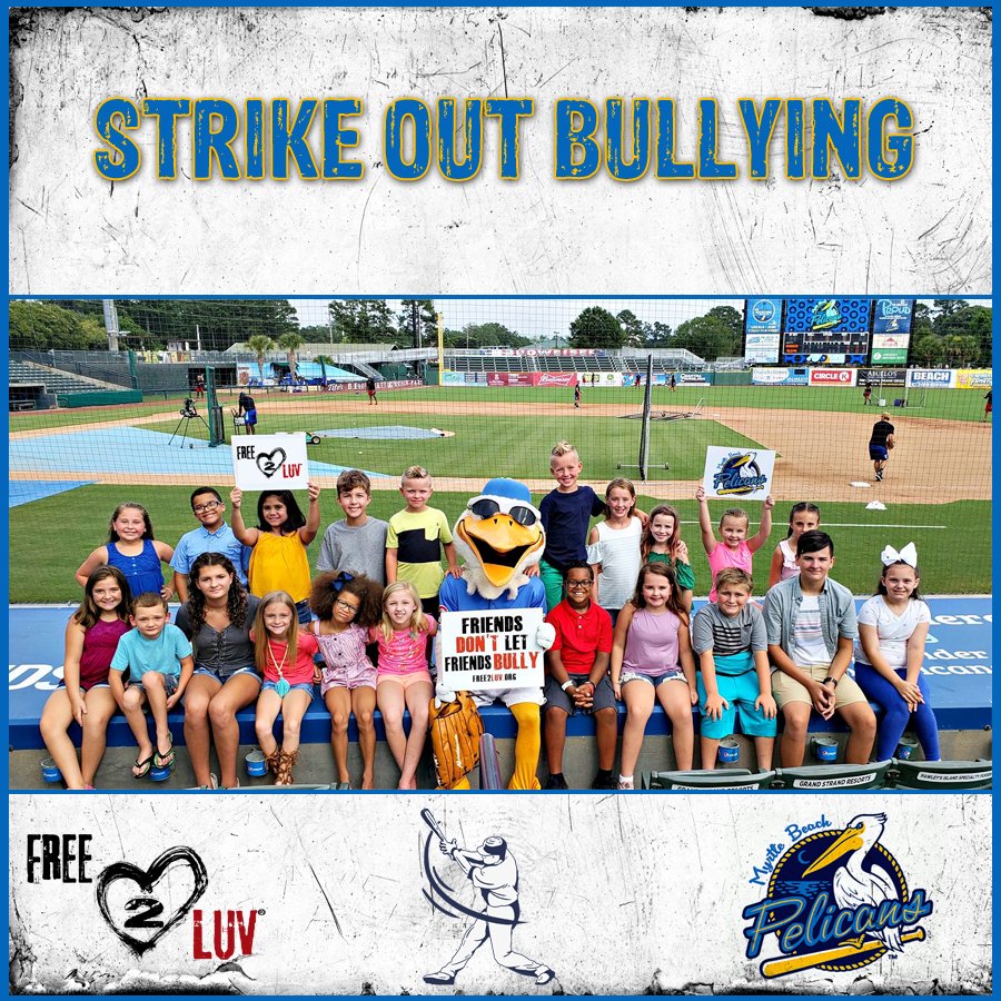 We're excited to team up with pro baseball team <a href="/Pelicanbaseball/">Myrtle Beach Pelicans</a> to STRIKE OUT BULLYING w/ <a href="/FREE_2_LUV/">FREE2LUV® ❤️</a> Advocate Marley Mac &amp; <a href="/thekidsofBTI/">BetterTogetherKids</a> on August 10th. We invite you to join us &amp; ROCK KINDNESS at the park. Tickets ➜ groupmatics.events/event/Free2luv. DM us to sponsor youth 2 attend. RT