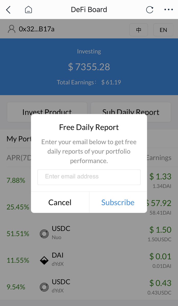 defiboard's tweet photo. The easiest way to keep tracking of all your #DeFi invests. 1. Fire off your mobile wallet. 2. Go to https://t.co/jgbSox5CvX. That’s it. @maxmw @davecraige @Diane_0320 @thebitsian https://t.co/gjMPWIAcvi