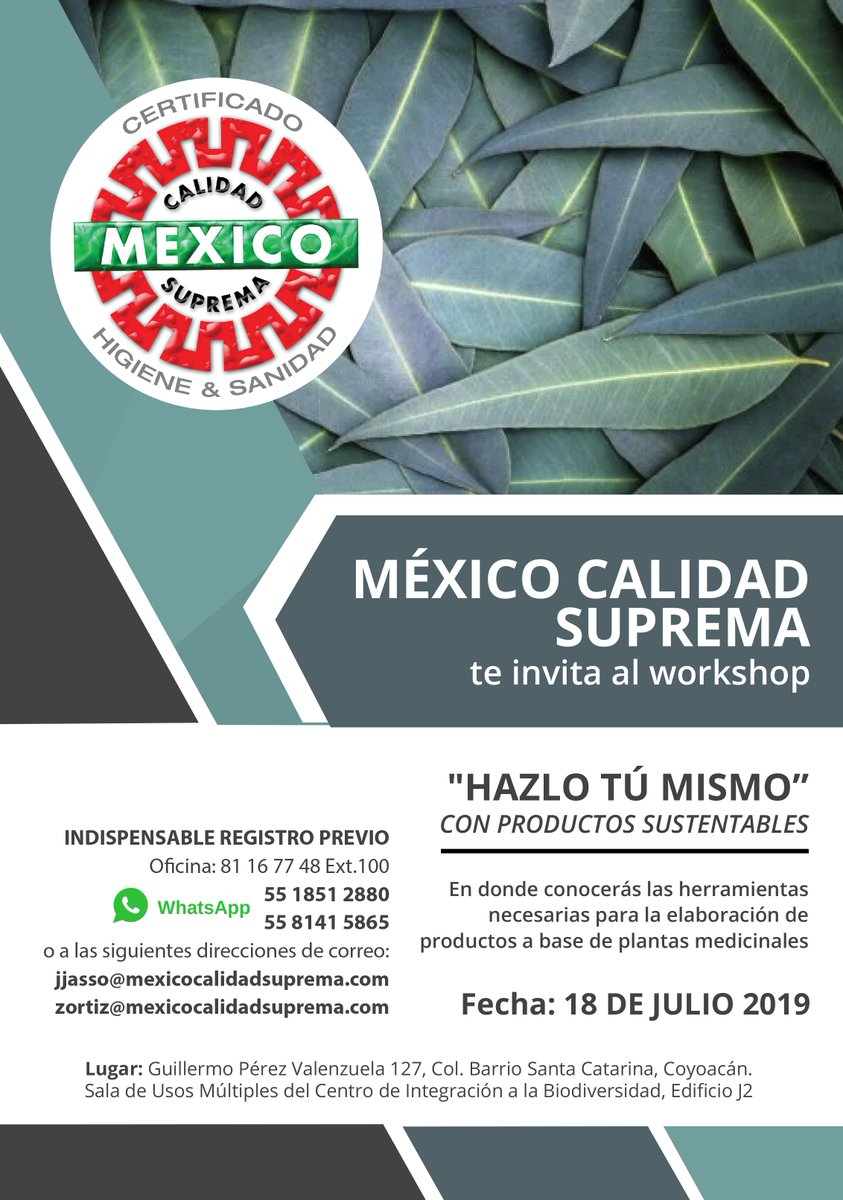 México Calidad Suprema te invita a participar en el Workshop "Hazlo tú mismo" que se llevará a cabo el próximo 18 de julio de 2019.

Informes al teléfono 8116 77 48 Ext. 100 o envíanos un correo a las siguientes direcciones: jjasso@mexicocalidadsuprema.com

¡No faltes!