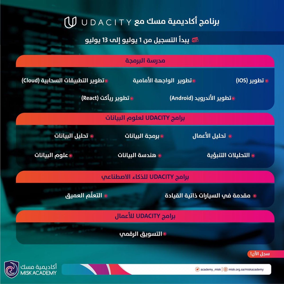 Abdulaziz_Hmadi's tweet photo. وجدت دورات قيّمة تقدمها أكاديمية مسك بالتعاون مع Udacity في مجالات مهمة مثل: البرمجة والذكاء الاصطناعي والتسويق الرقمي يقدمها خبراء في هذه المجالات ، والشيء المميز أن هذه الدورات قيمتها مخفضة إلى 90٪
رابط التسجيل:
https://t.co/GErMnF787H https://t.co/ANjxsMADg1