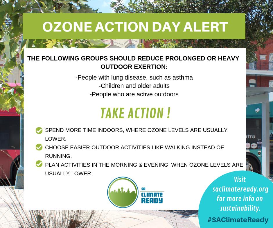 SAClimateReady's tweet photo. Tomorrow, July 13, has been declared an Ozone Action Day for the San Antonio area. You can help prevent ozone pollution by 1) Carpooling or using public transportation, 2) Avoiding drive thru lanes and walking to lunch 3) Refueling vehicles and using gas motors after 6pm. https://t.co/ROF59m6TCL