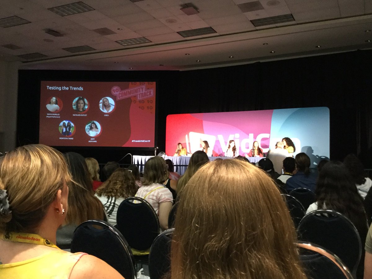 YouTube creators (Natalie’s Outlet, Azzy, Caeli, Montoya Twins and Maya in the Moment) sharing about how they discover what content trends are hot and what works in “Testing the Trends” session.#TrendsVidCon19 ⁦<a href="/TPNRETAIL/">TPN</a>⁩