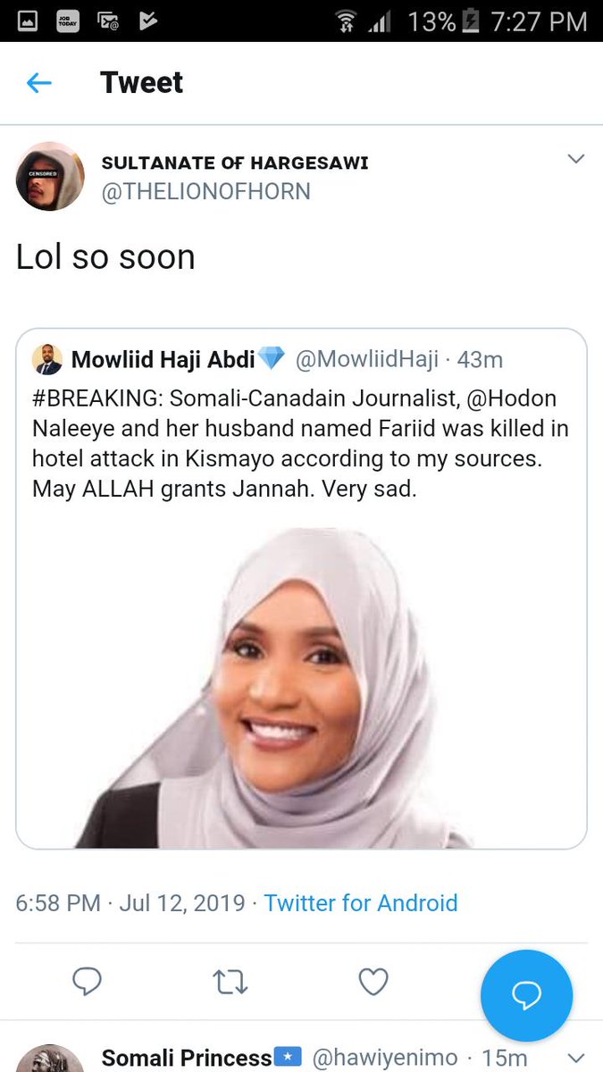 Geelhawd's tweet photo. May allah punish you, you're an absalute filth , celebrating the death of fellow Muslim somali over you're deep tribal hatred. https://t.co/POV63uqcYq