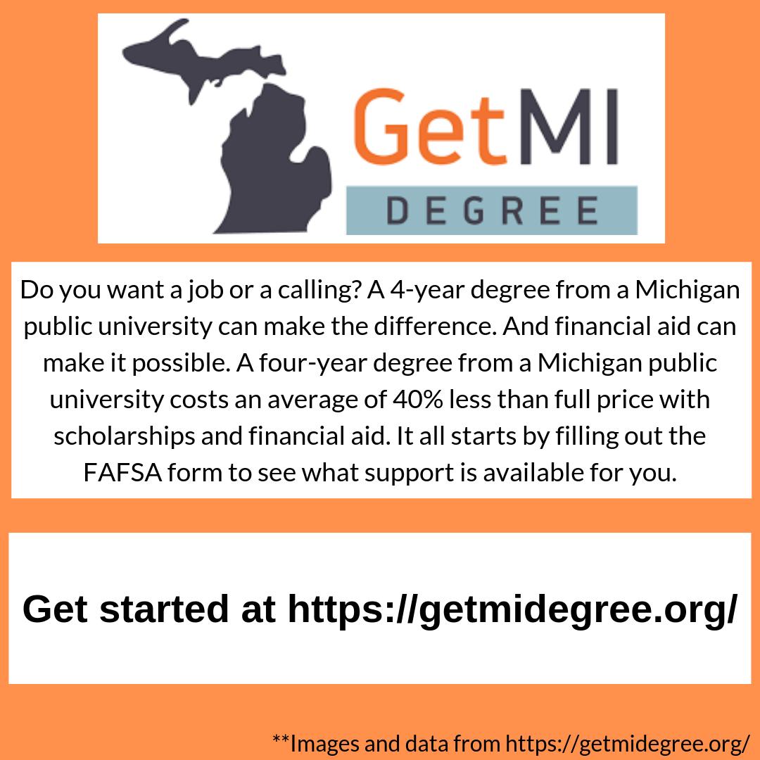 CapitalAreaCAN's tweet photo. Do you want a job or a calling? A 4-year degree from a Michigan public university can make the difference. And financial aid can make it possible!
Get Started at ://getmidegree.org/
#GetMIDegree #CapCANKnows #FinAid #FAFSA #Scholarships #DecisionDay https://t.co/C1LNftB69i