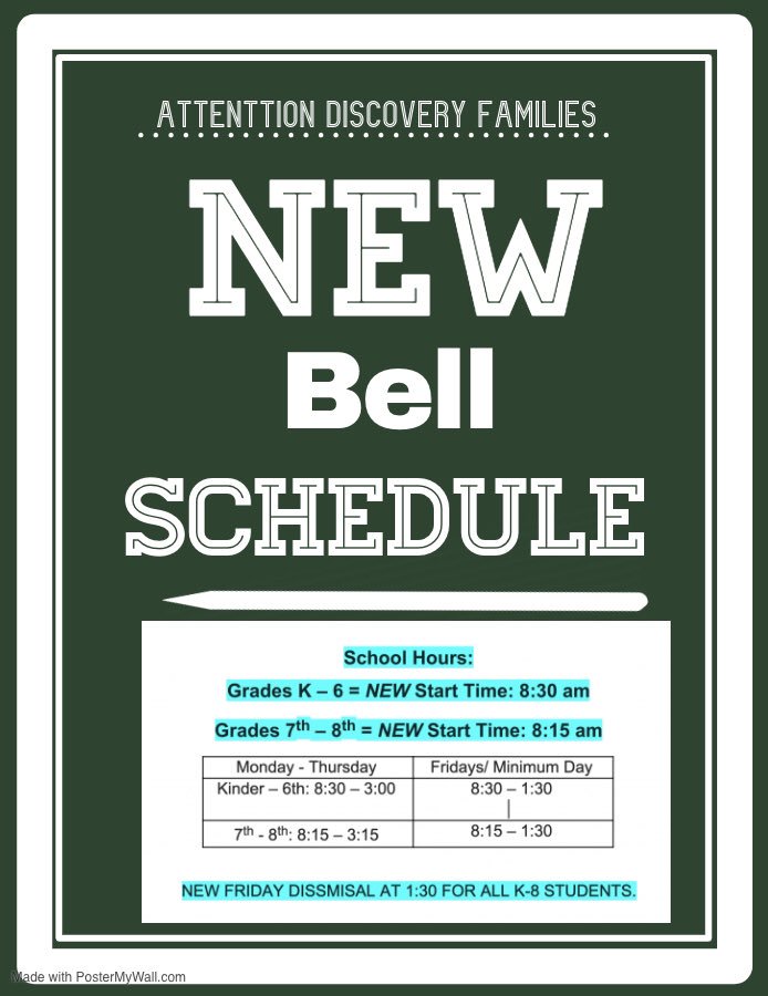 Attention Discovery Families: We are excited to announce increased opportunities for our students that will modify our bell schedule. Please note that Friday dismissal will be at 1:30 pm for all students in grades K-8.
